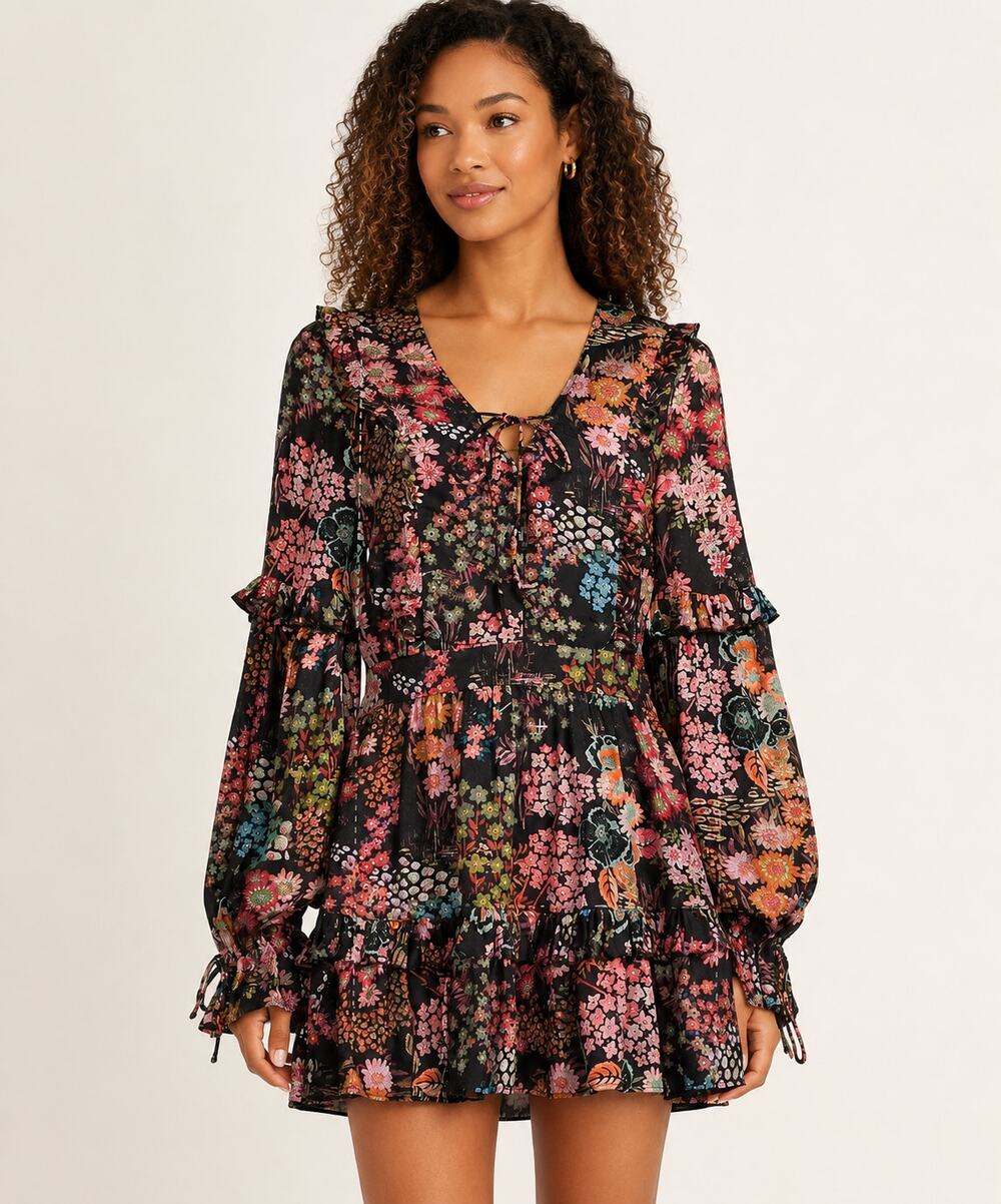 Ted Baker Hendria Ruffle-Trim Mini Dress Womens Size 4 Ted Size 1 Black Floral
